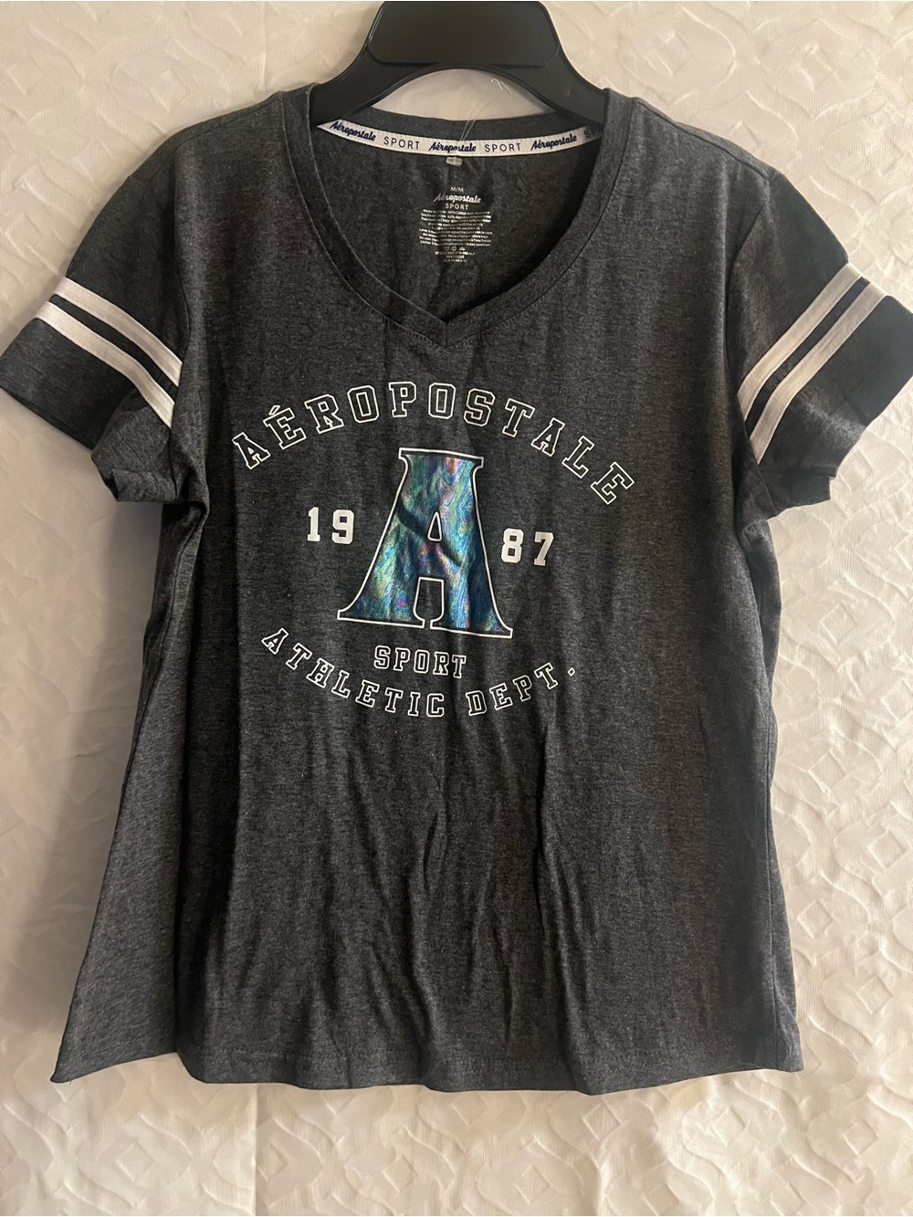 Aeropostale Charcoal Heather V-Neck Graphic Tee with Iridescent A